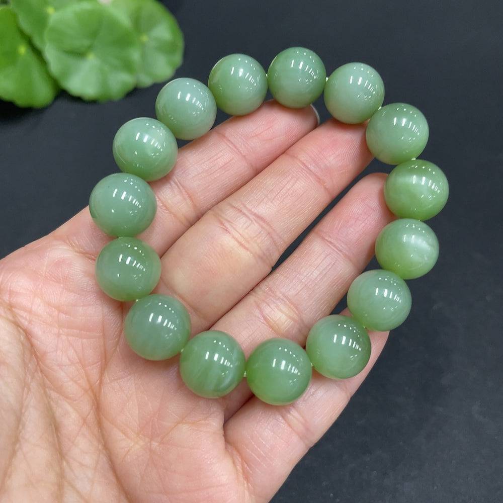 Huiliu Hetian Jade Jasper bracelet with 11.8mm beads, natural green and brown tones, certified jade jewelry.