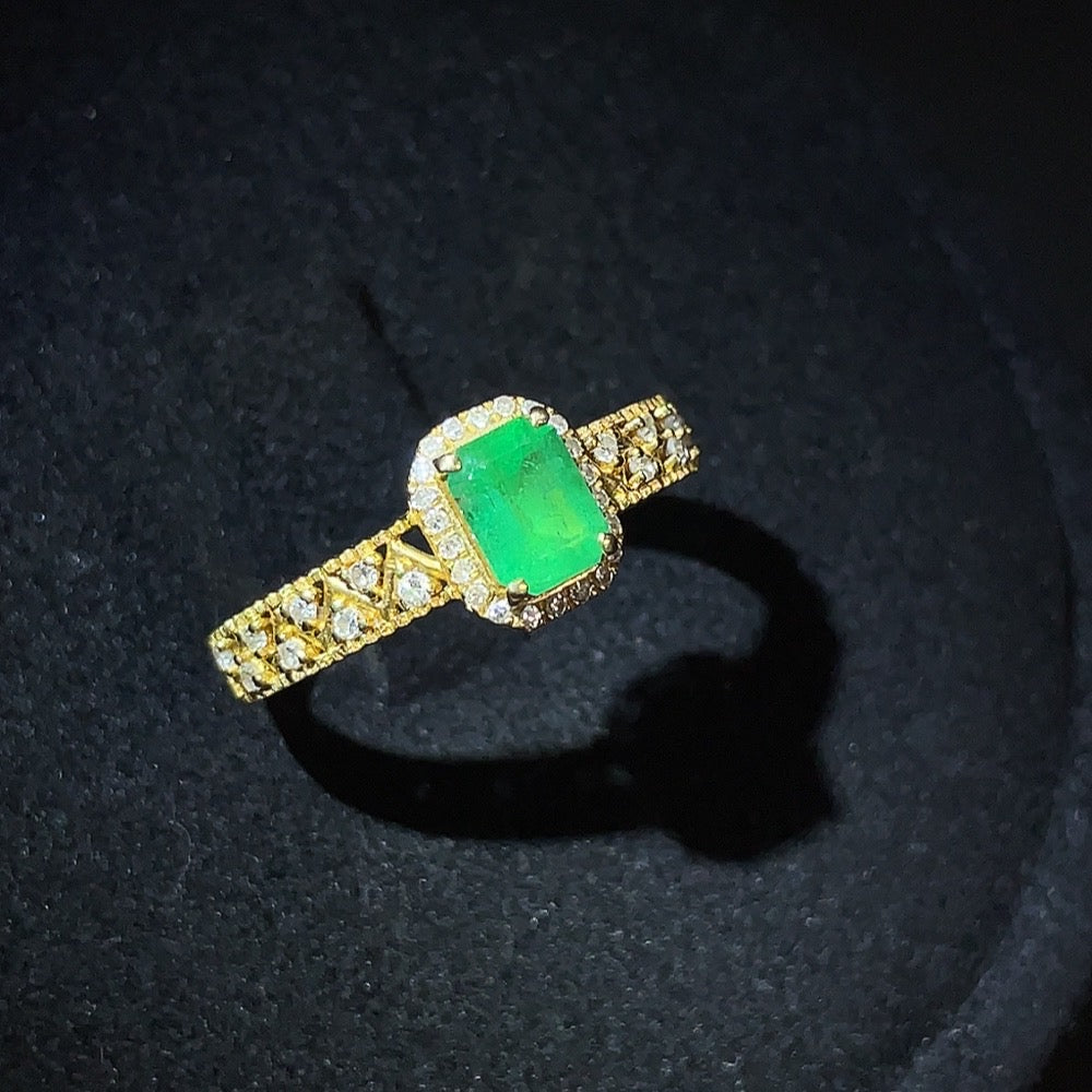 Emerald Ring, 18K Gold, Size 14, Total Weight Approx. 2.17g, Clarity Enhanced, Accented with Diamonds