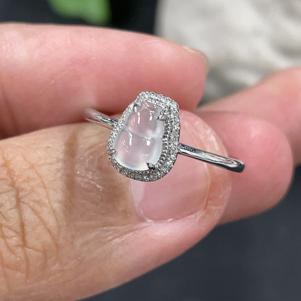 Jadeite gourd inlaid ring with 18k gold and diamond accents, size 13, shown on a white background.