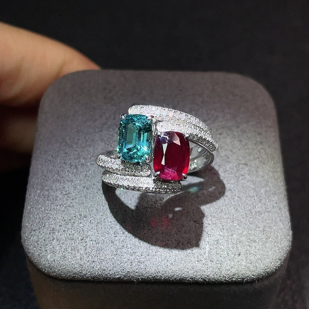18K Tourmaline Ring + 18K Ruby Ring with Diamond Accents, Total Weight Approx. 4.81g, Size 13, Sell as a Lot, GILDER Certificate: Pigeon Blood, Tanzania (Longido Mine), No Heat, Vivid to Deep Red, 1.14ct