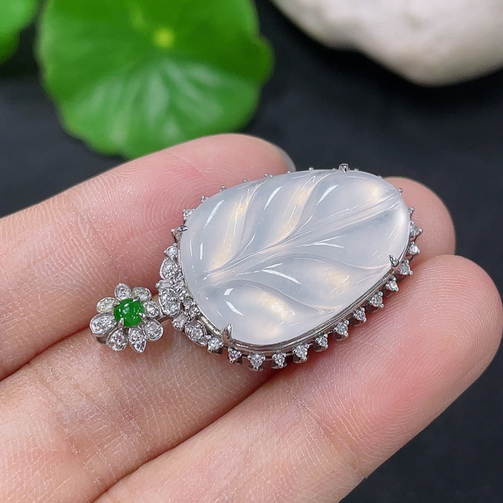 Jadeite Leaf Pendant with 18K Gold and Diamond Accents