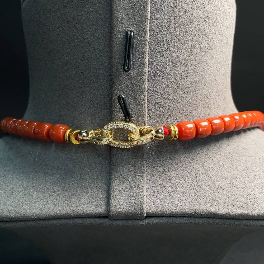 Red Agate gemstone bead necklace featuring 7mm beads with visible organic matter, weight approx. 59.39g, by HUILIU HQ.