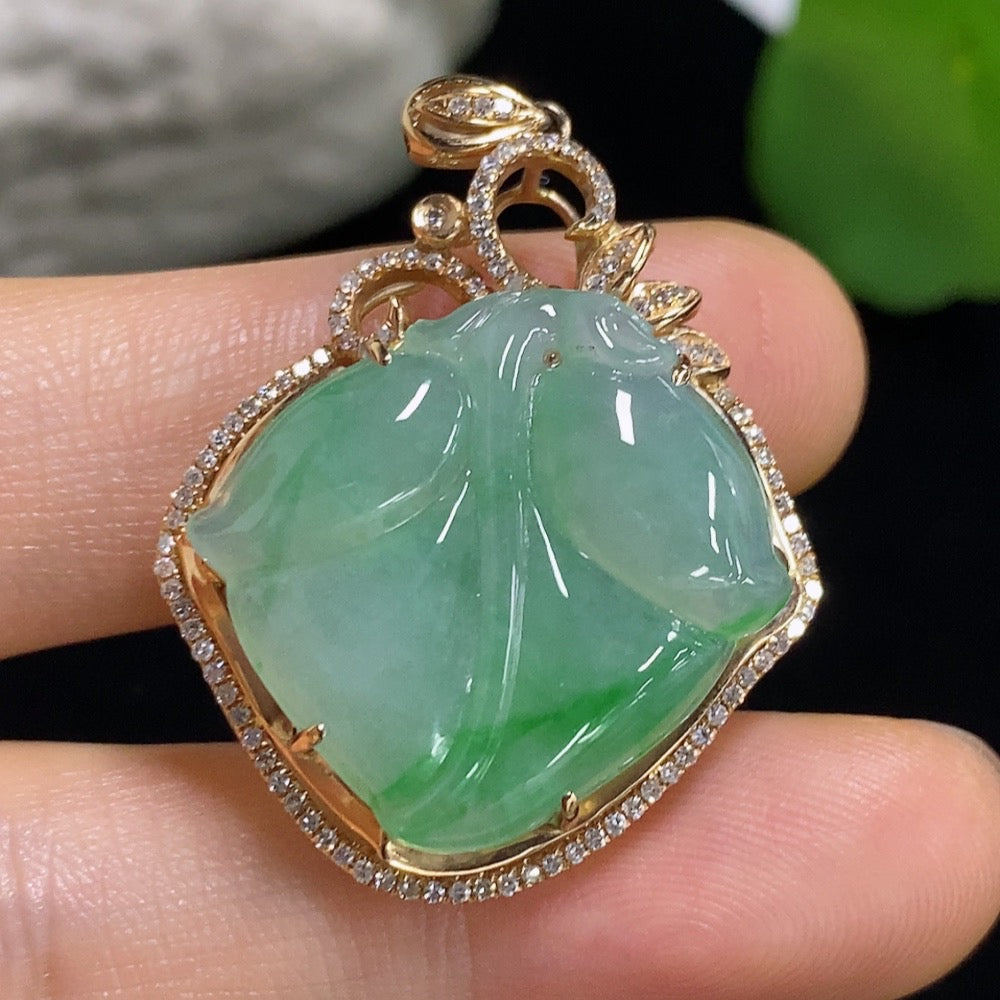 Jadeite Leaf Pendant with 18K Gold and Diamond Accents