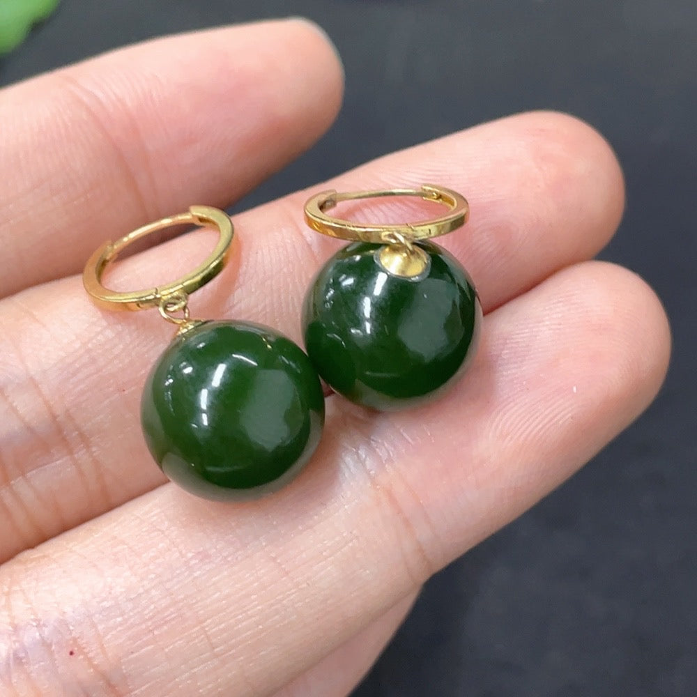 Huiliu certified Hetian jade inlaid earrings, 11.7mm, featuring smooth green jade stones with intricate inlay work.