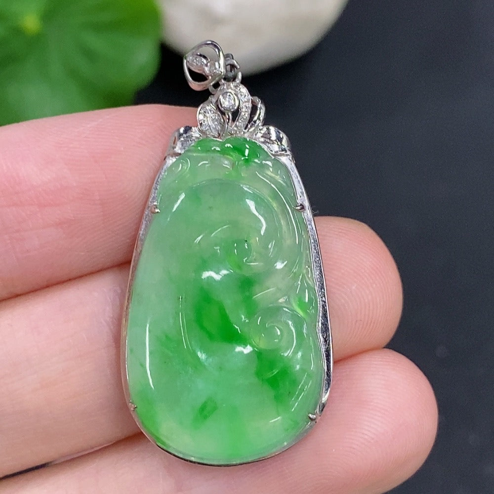 Jadeite Ruyi pendant with 18K gold and diamond accents, crafted by HKHQ, showcasing intricate jade and gold details.