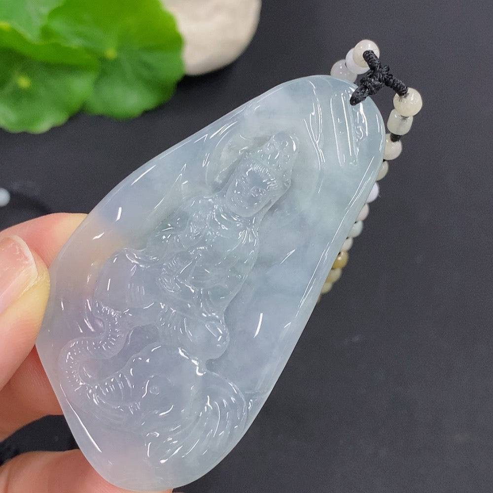 Jadeite Samantabhadra Bodhisattva pendant carved from green jade, showcasing intricate details and smooth polished surface.