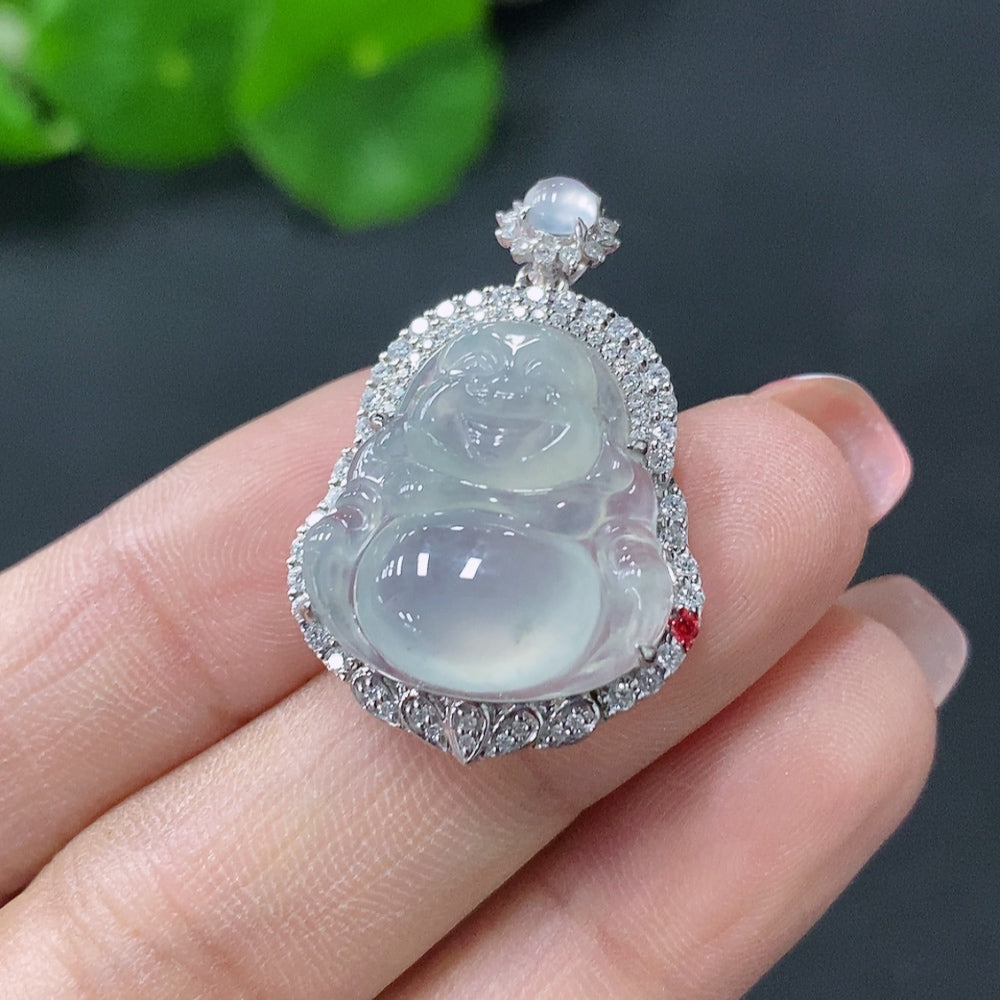 Jadeite Inlaid Buddha Pendant 18k Marked in Red for Uncertain Natural Origin Total Weight Approx. 5.13g