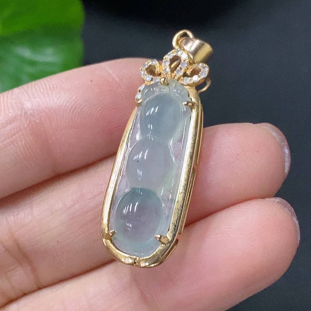 HUILIU HQ jadeite lucky bean pendant with diamond accents, inlaid jade necklace, tested and certified by Huiliu.