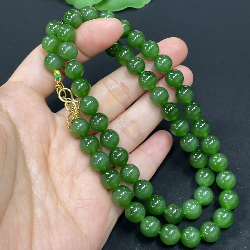 Hetian Jade Beaded Necklace, approx. 7.8mm, 18K Gold, total weight approx. 45.7g