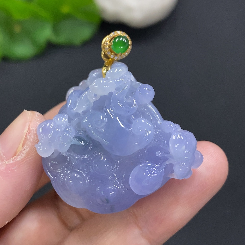 Jadeite lotus pod pendant with 18K gold bezel, set with diamonds, crafted by HUILIU HQ, featuring intricate jade details and gold accents.