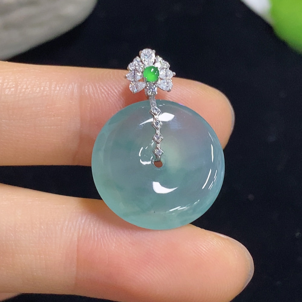 Jadeite pendant safety buckle necklace by HKHQ featuring an 18K non-diamond clasp with a smooth, polished jadeite design.