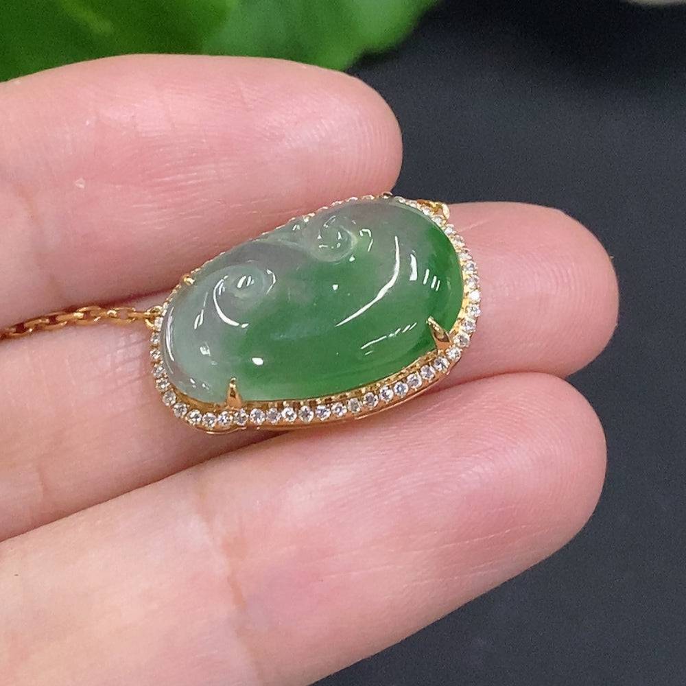Huiliu Jadeite Ruyi pendant with diamond accents, inlaid jade jewelry featuring intricate craftsmanship and a polished finish.