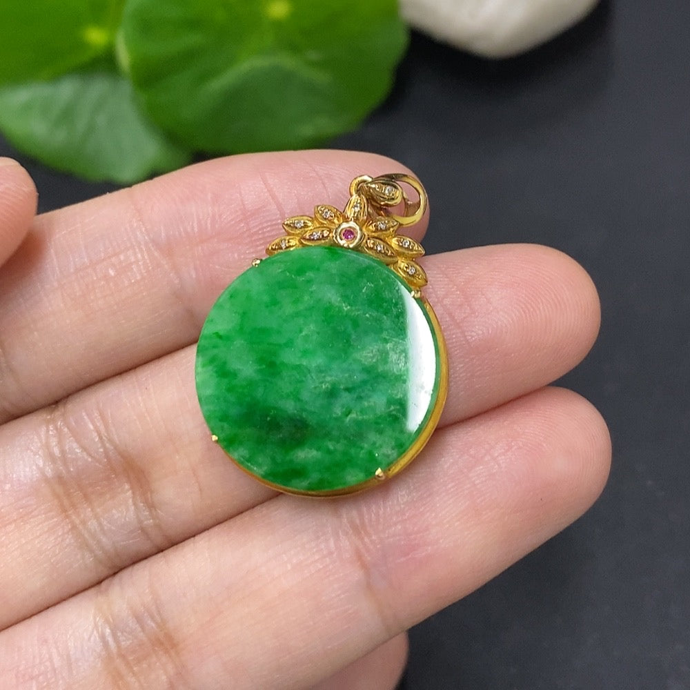 Jadeite plain pendant with 18K gold mount and diamond accents, HKHQ necklace featuring a smooth, elegant design with mineral components.