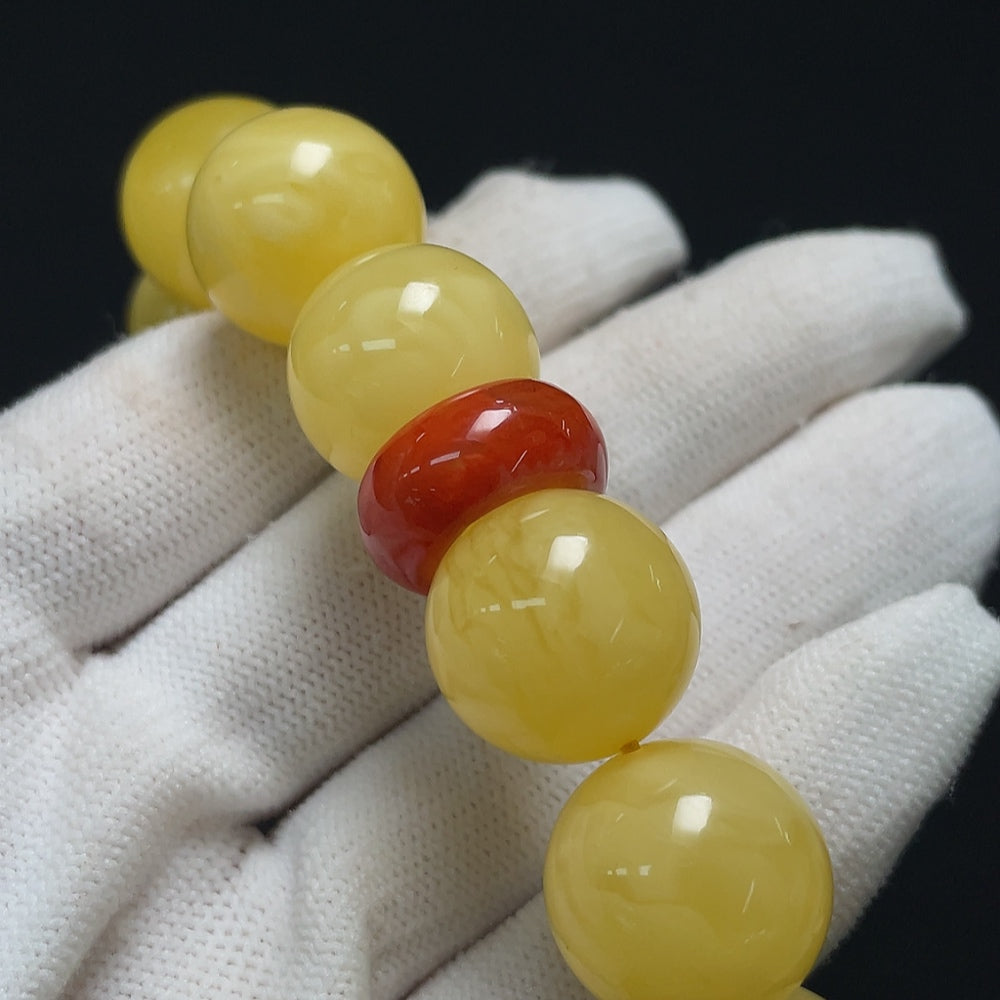 Amber Beeswax Bracelet with Turquoise, Containing Other Mineral Components + Southern Red Agate, Visible Organic Matter, Size About 16.3mm