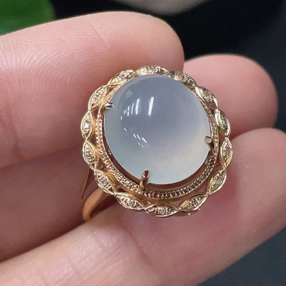 HUILIU HQ jadeite inlaid ring with 18k gold and diamond accents, size 13, weighing approximately 3.4 grams.