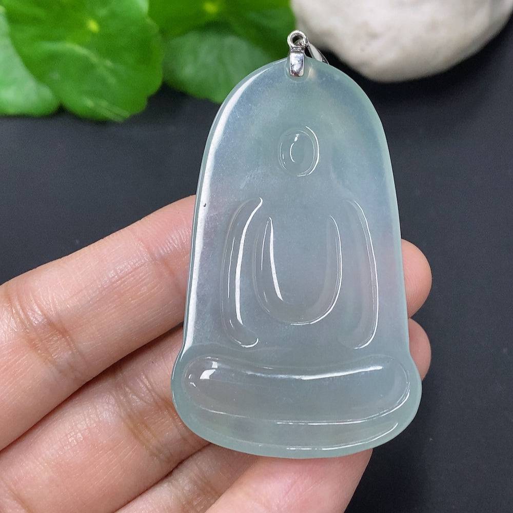 Huiliu Jadeite Guanyin pendant carved from green jade, HUILIU HQ certified, detailed figure with smooth polished surface.