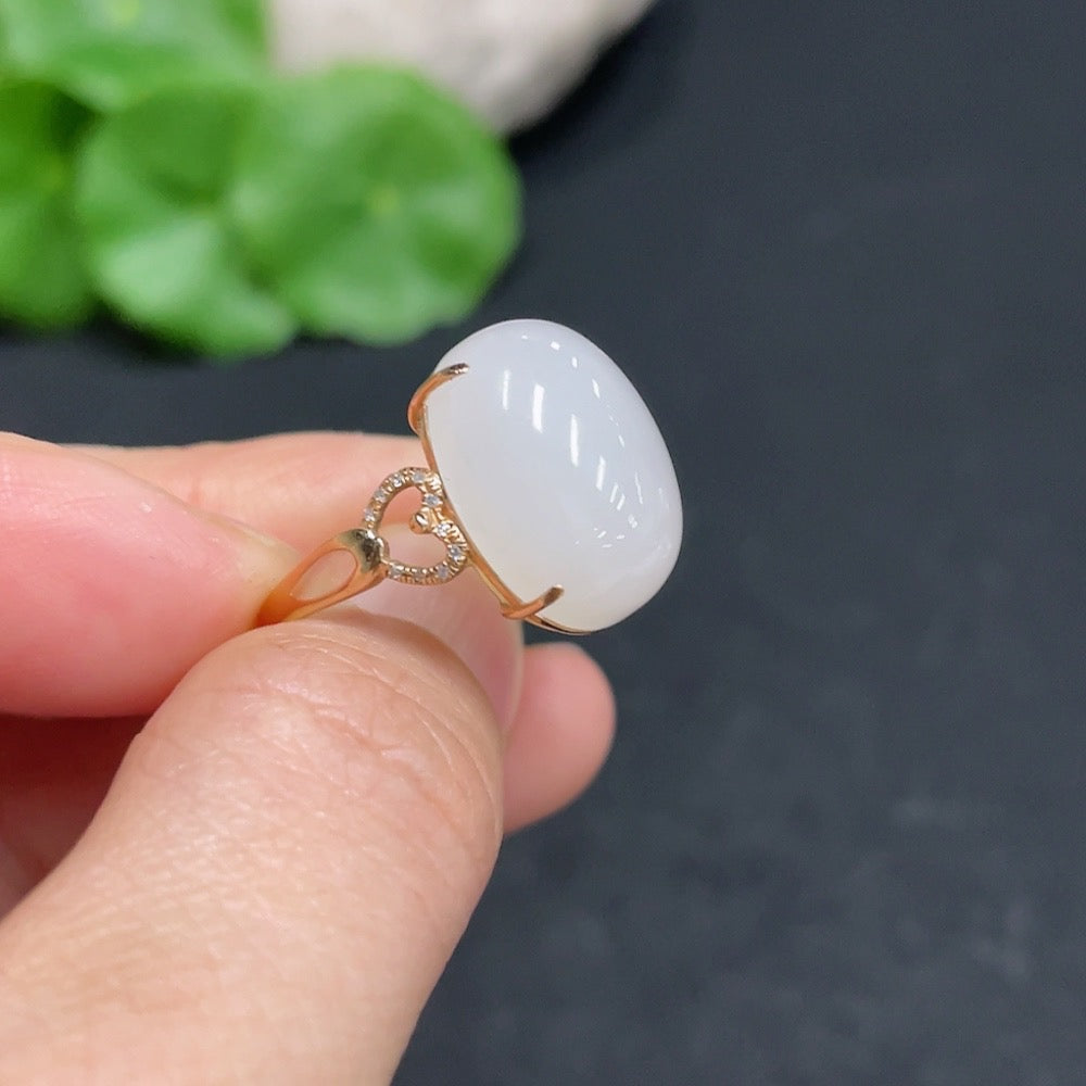 Hetian Jade Inlaid Ring with Diamond Accents, Size 14, 74% Gold Content, Total Weight Approx. 3.3g