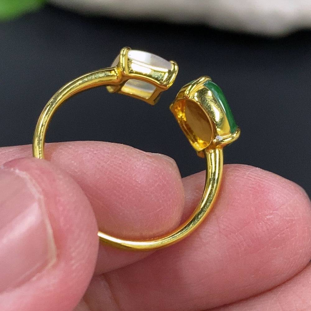 Jadeite inlaid ring with 18k gold and diamond accents, size 13, crafted by HUILIU HQ, featuring intricate jade and gold design.