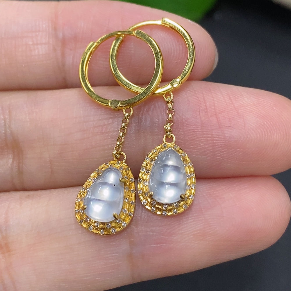 Jadeite Auspicious Bean Earrings set in 18K gold with diamond accents, featuring green jade bean-shaped charms for elegant jewelry.
