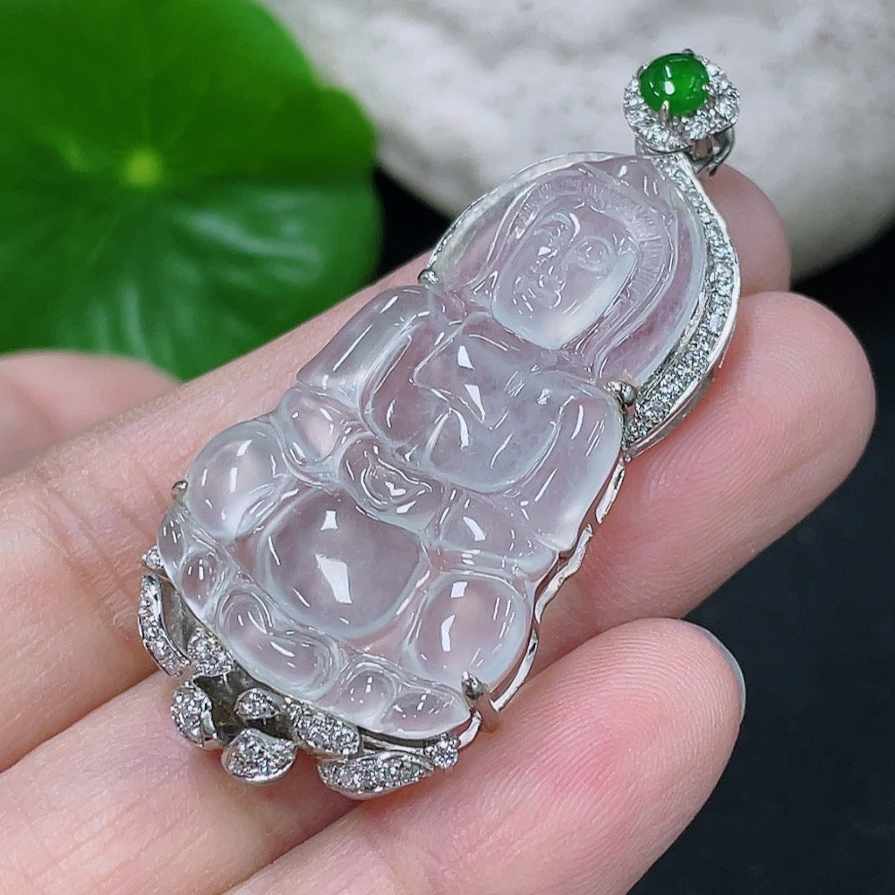 Jadeite Guanyin Inlaid Pendant, 18K Gold Setting with Diamond Accents