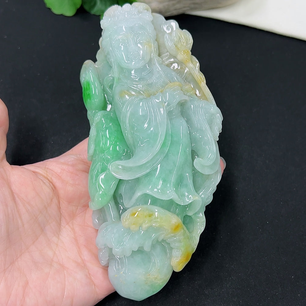 Jadeite He He Xiangu jewelry ornament with intricate carvings, showcasing traditional Chinese design from HKHQ.