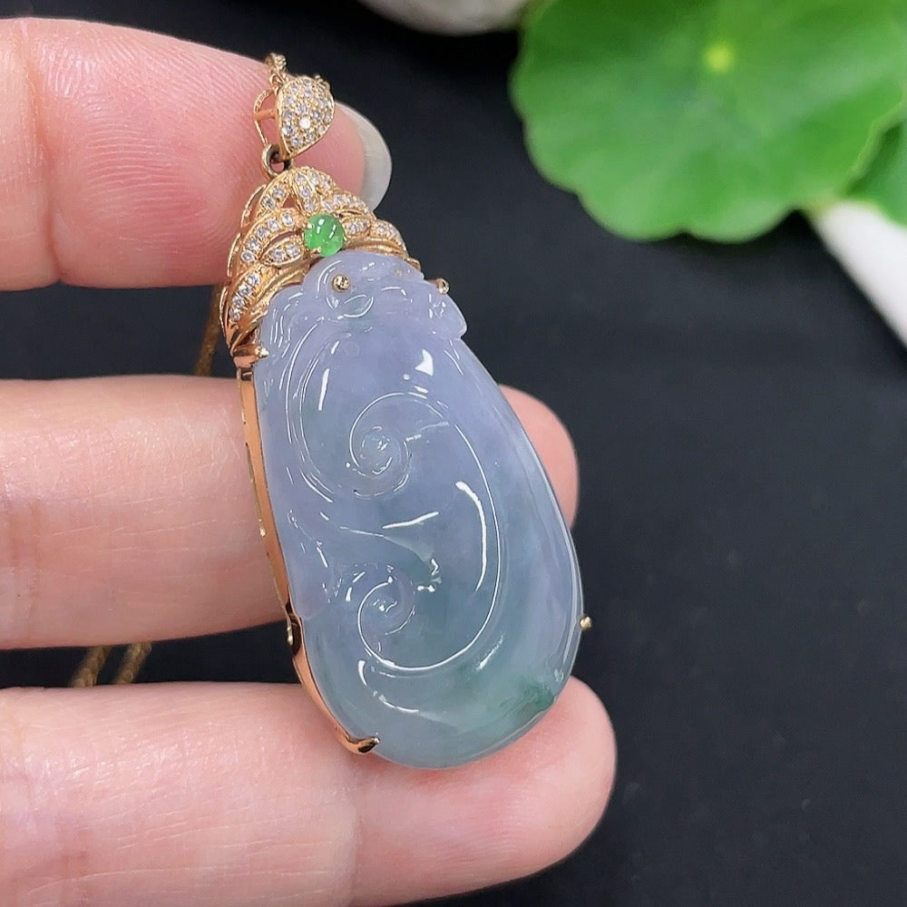 Jadeite Ruyi Inlaid Pendant 18K Gold Total Weight Approx. 9.4g (Including Chain Weight) (With Diamond Accents)