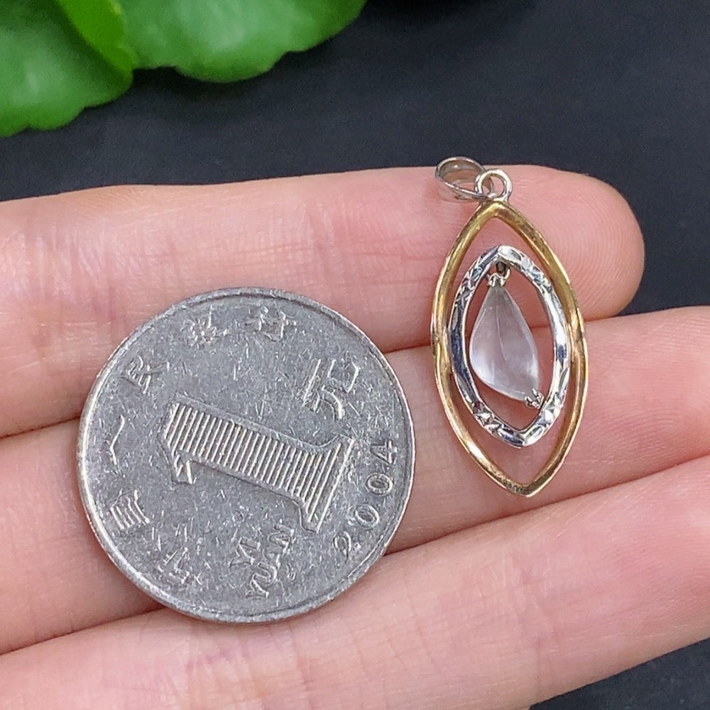 Jadeite inlaid pendant on a necklace, crafted by HKHQ, featuring a delicate design with an 18k setting and a total weight of 1.75g.