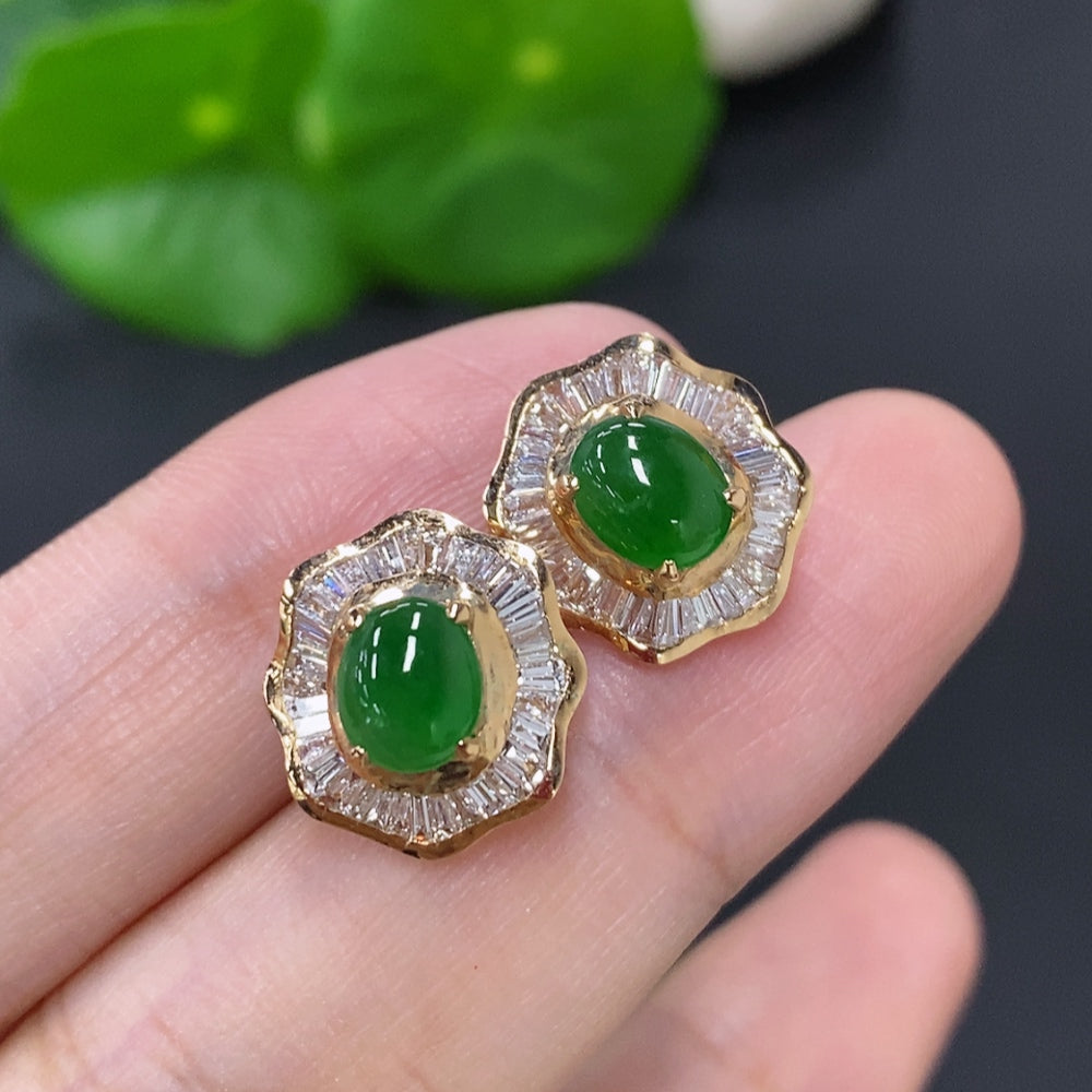 Jadeite Cabochon Stud Earrings 18K Gold (Accented with Diamonds)