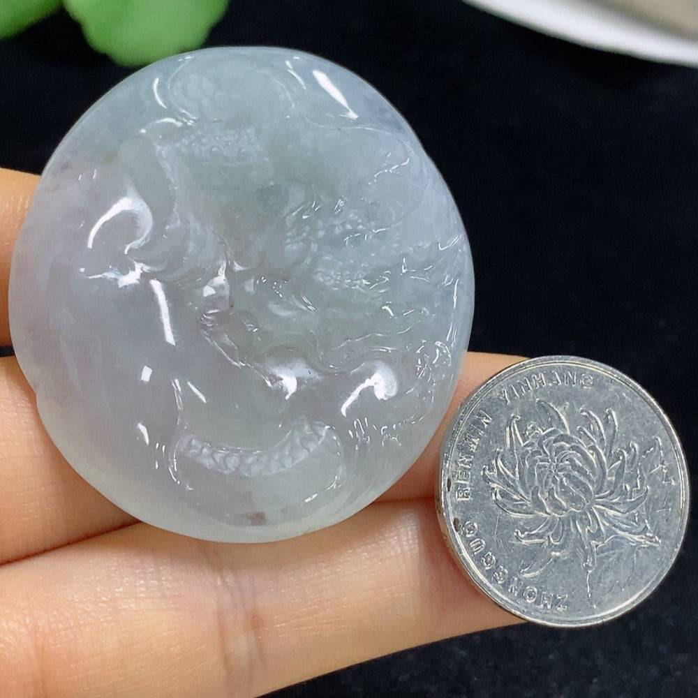 HUILIU HQ jadeite pendant featuring a detailed dragon design, weighing approximately 33.56 grams. Natural green jade appearance.