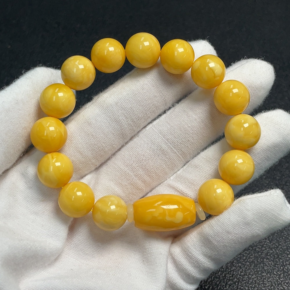 Huiliu amber beeswax bracelet with 11.5mm beads, natural amber color, handcrafted jewelry, certified by HUILIU HQ