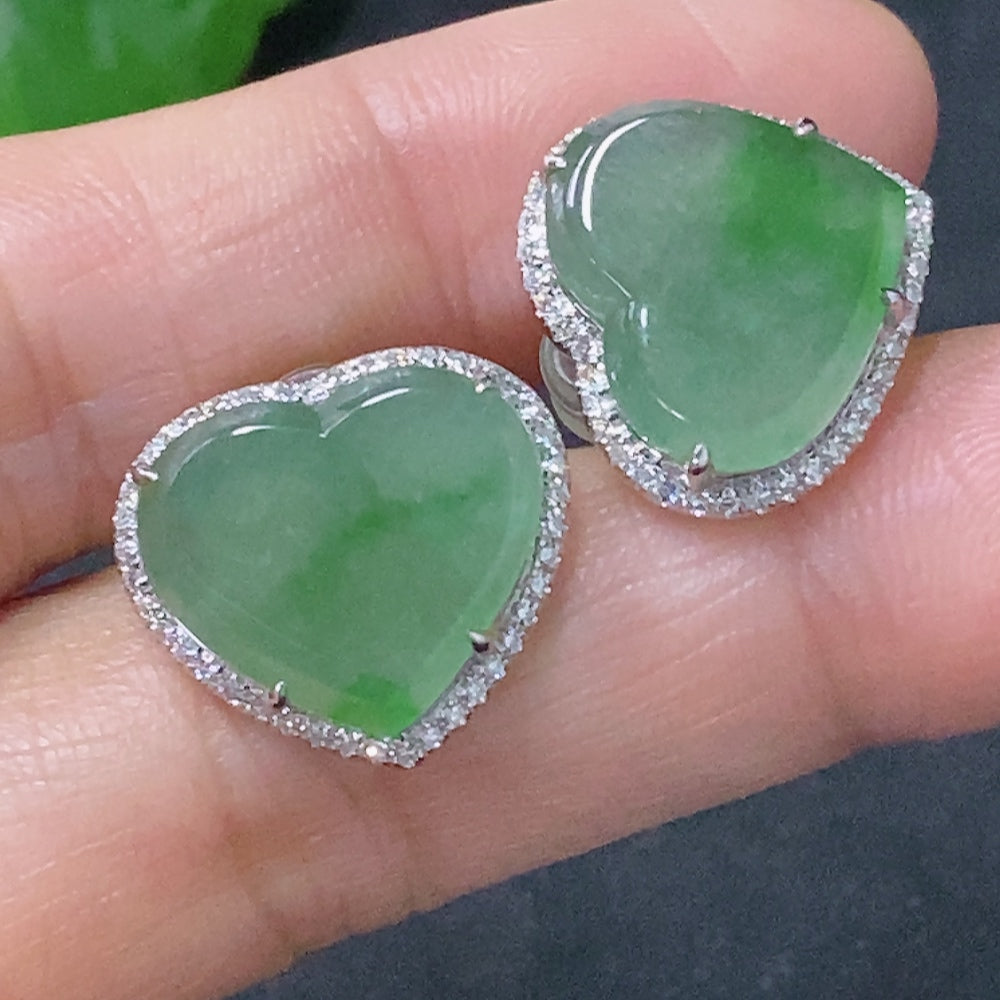 HUILIU HQ jadeite earrings set in 18k gold with diamond accents, featuring polished green jade stones and elegant design