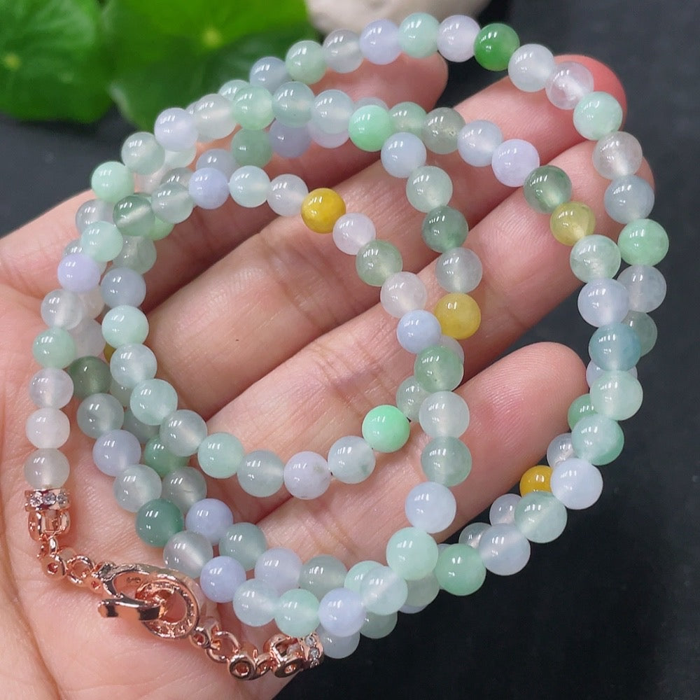 HUILIU HQ jadeite bead necklace with approximately 5mm jade beads, non-gold, weighing about 26.6 grams, close-up view of beads