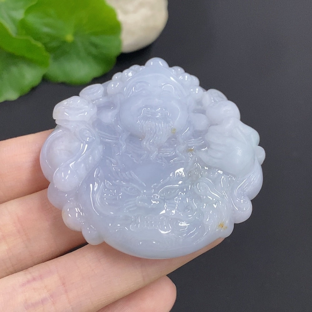 Jadeite God of Wealth pendant from HKHQ featuring intricate Chinese design, weighing approximately 58 grams.