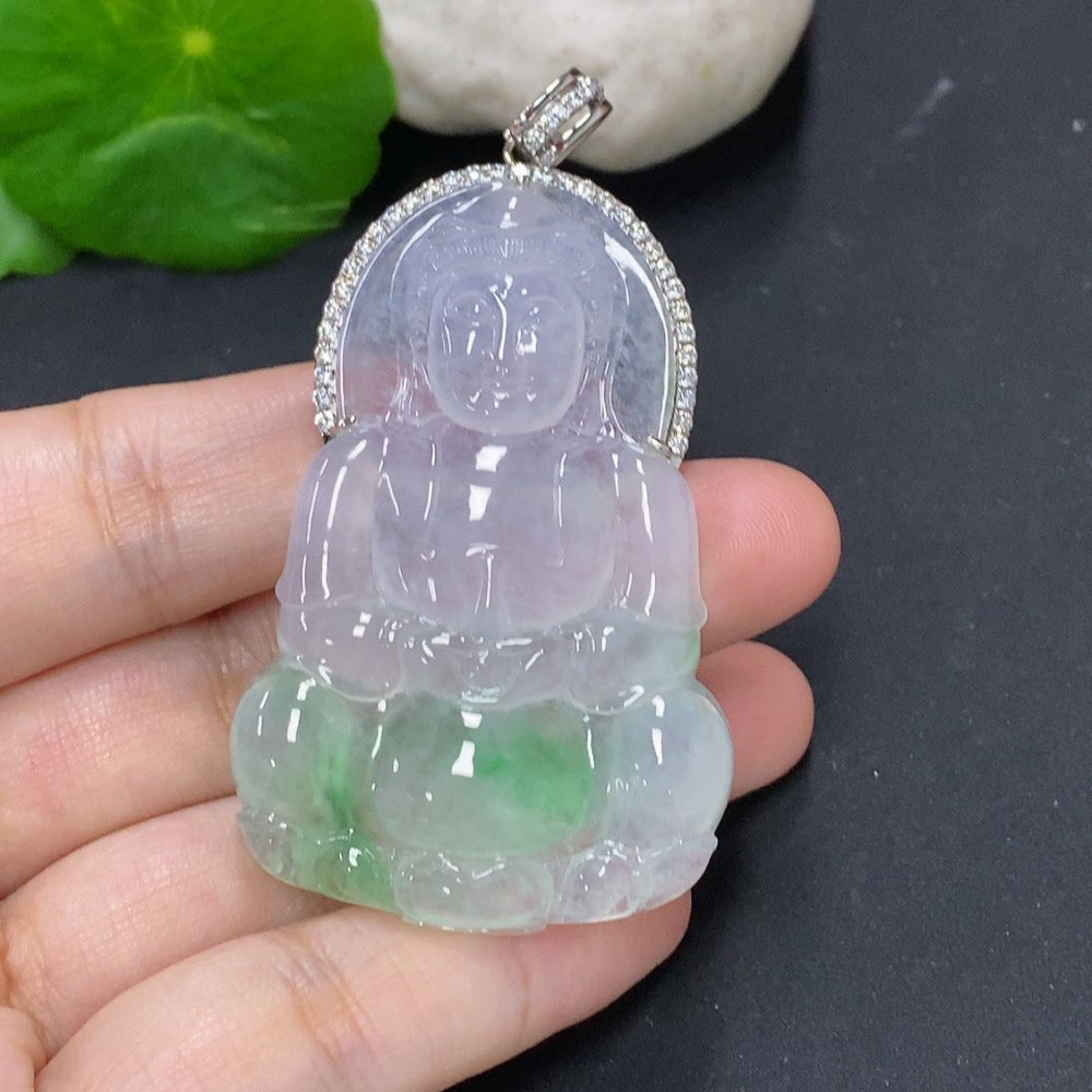 Jadeite Guanyin pendant with 18K gold inlay, featuring intricate mineral details and a polished finish, weighs approximately 21.1g.