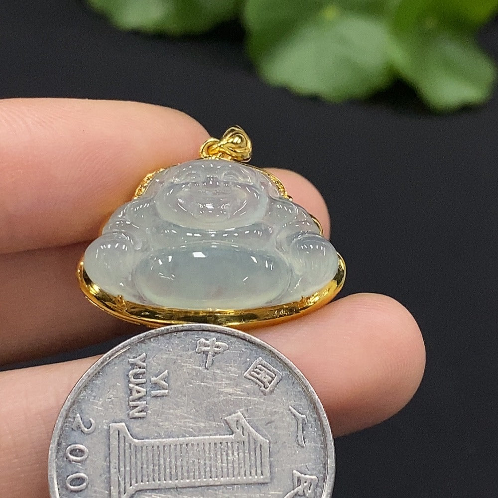 Huiliu Jadeite Buddha pendant inlaid with diamonds, showcasing detailed craftsmanship and vibrant green jade.