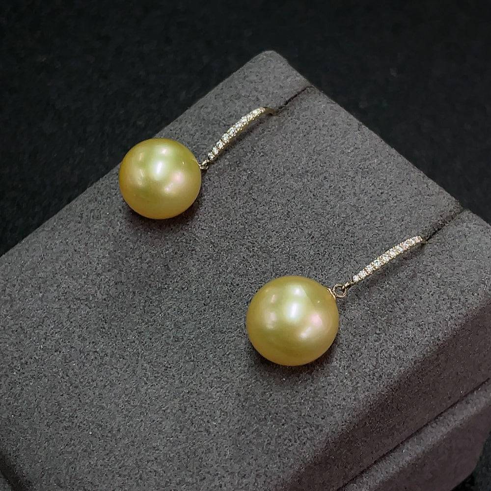 Huiliu HQ seawater pearl earrings with 11.6mm lustrous pearls, certified Au58% content, natural color, elegant jewelry design.
