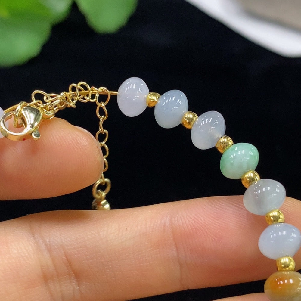 Jadeite Inlaid Bracelet Approx. 6.7mm Beads Total Weight 10.86g Unmarked Surface Gold Tested/Chain/Connectors Non-Gold Beads AU80% String Non-Gold Rest AU98% Red Color Origin Undetermined Gold Fragile