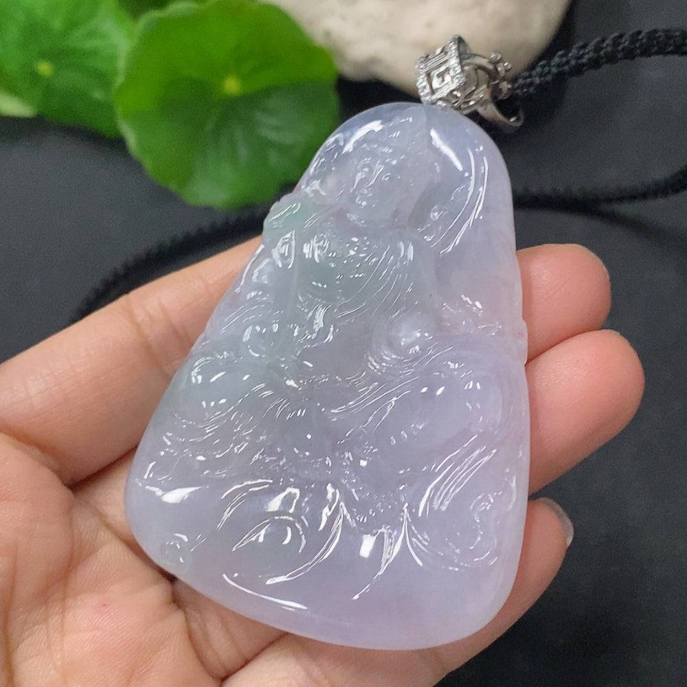 Jadeite Guanyin pendant with non-gold clasp and cord, weighing approximately 46g, crafted by HUILIU HQ.
