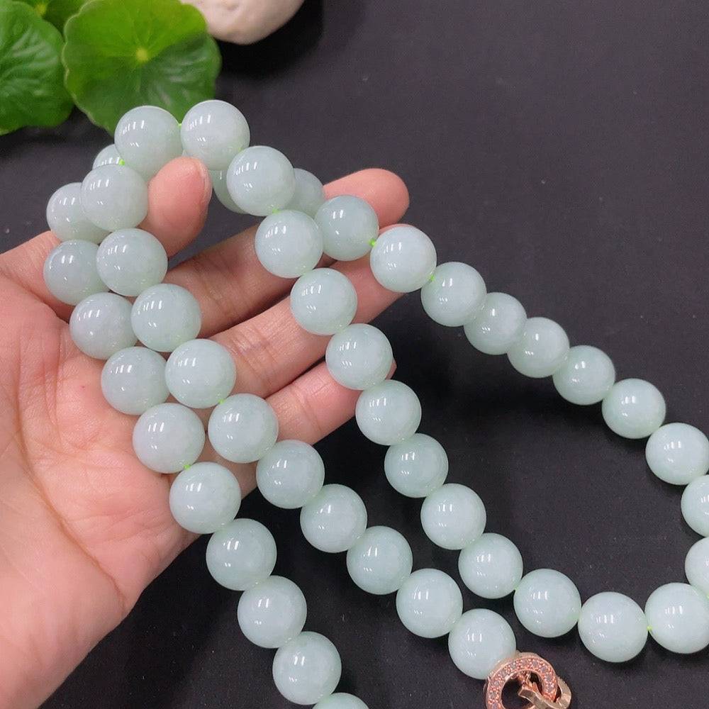Huiliu Jadeite bead necklace with 11.5mm green jade beads, showcased against a neutral background, certified quality.