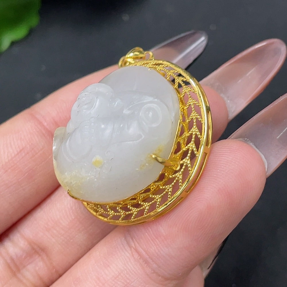 Hetian Jade Pendant - Buddha Figure, Undetermined Skin Color Origin, Contains Other Mineral Components, Total Weight Approximately 11.3g