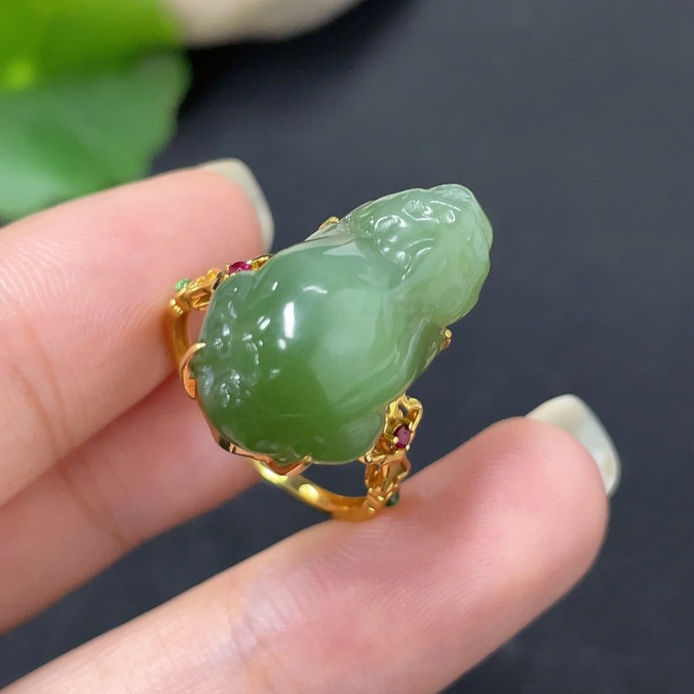 Hetian Jade Inlaid Ring with 18k Gold