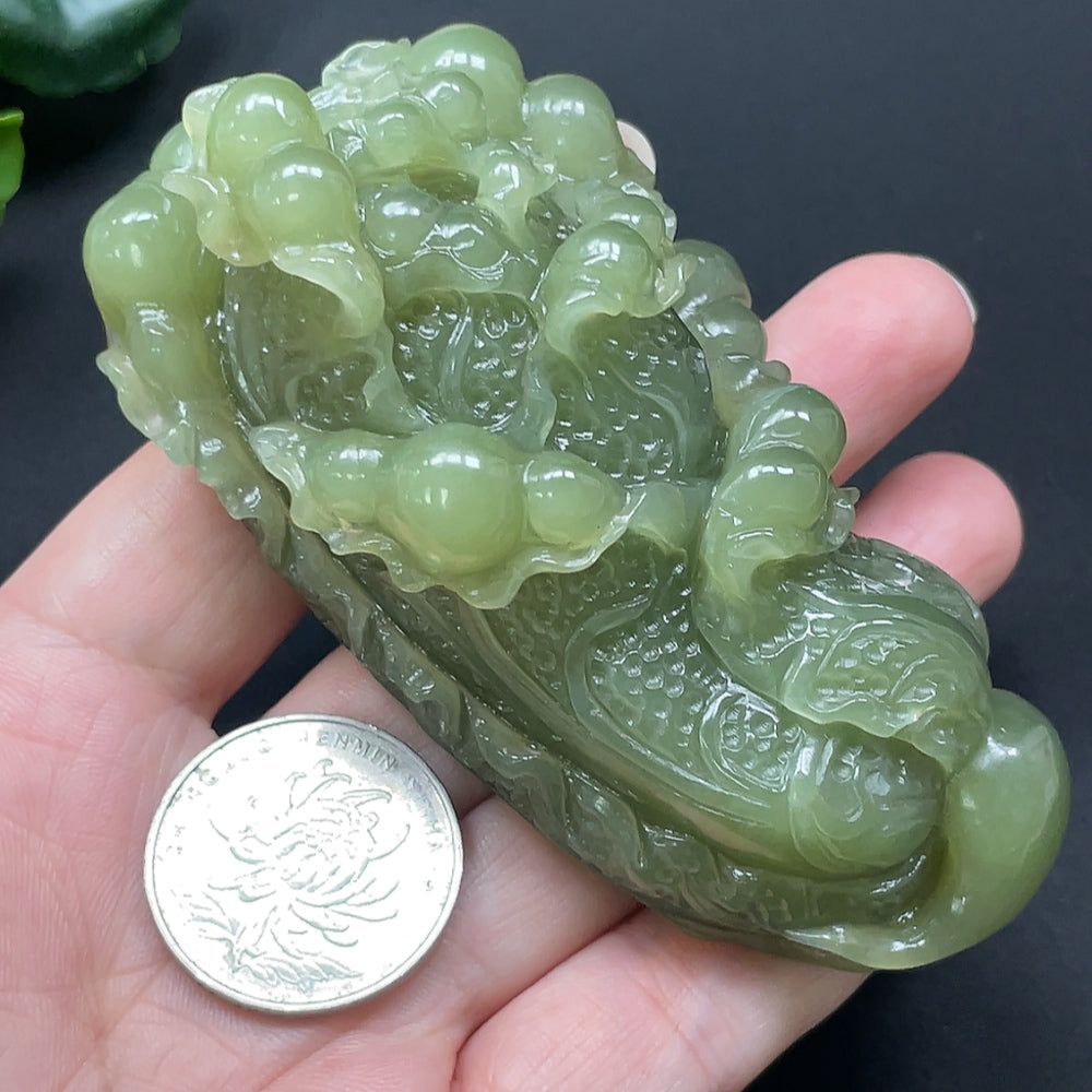 HKHQ Hetian Jade Cabbage Pendant necklace featuring a detailed green jade cabbage design on a silver chain