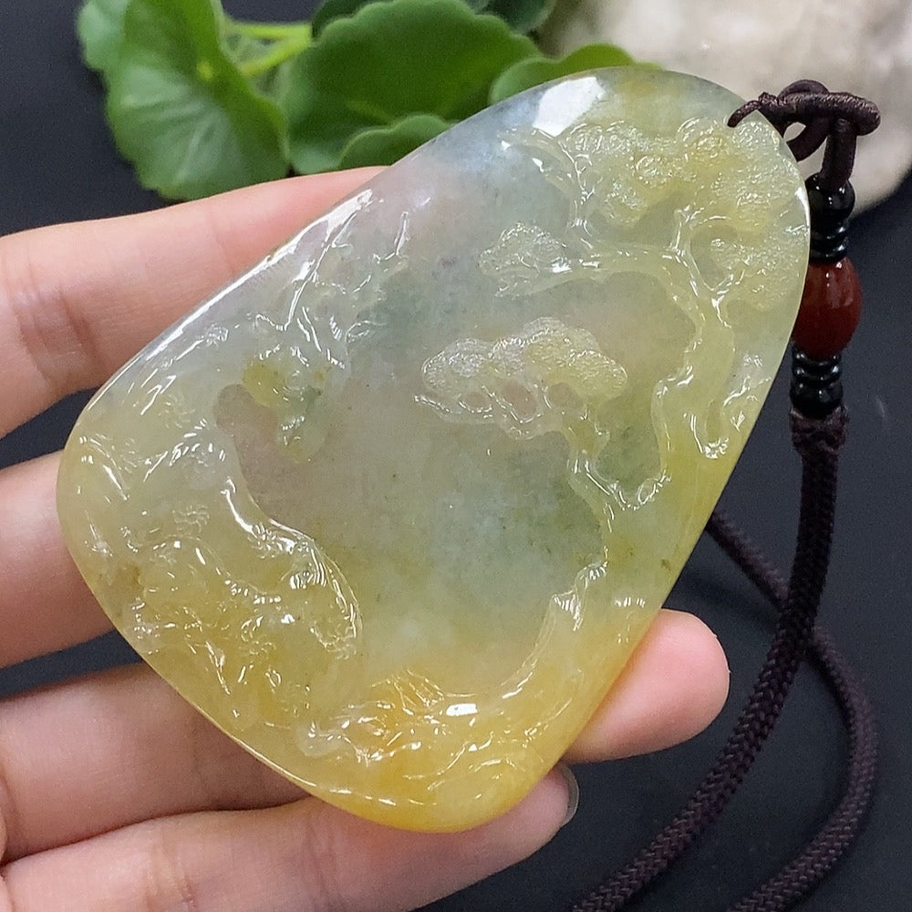 Jadeite deer pendant by HUILIU HQ, weighing approximately 51.95g, featuring a detailed jade deer carving on a smooth jade surface.