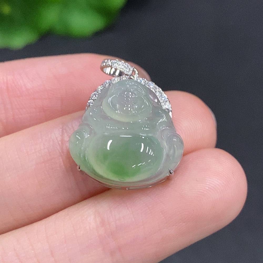 Jadeite Buddha pendant with 18K gold accents and diamond details, showcasing a detailed Buddha figure on a chain.