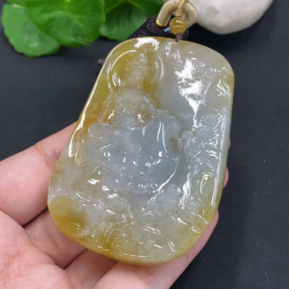 Jadeite Guanyin pendant with landscape design on jade, weighing approximately 84.3g, displayed with a rope necklace.
