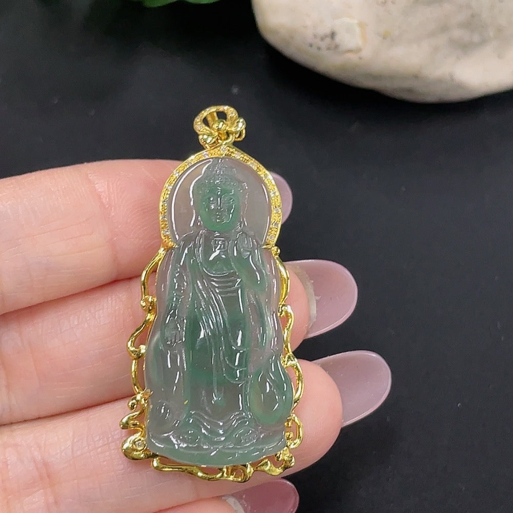 Jadeite Buddha pendant with 18K gold setting, showcasing intricate carved design on smooth green jade, weighing approximately 5.9g.