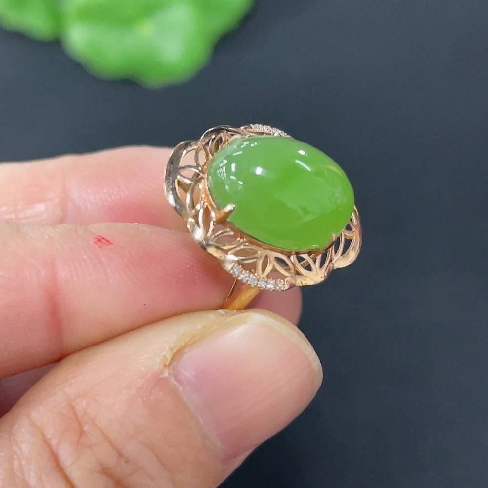 Hetian Jade Jasper inlaid ring with diamond accents, 73% gold content, size 14, by HUILIU HQ, featuring elegant craftsmanship.