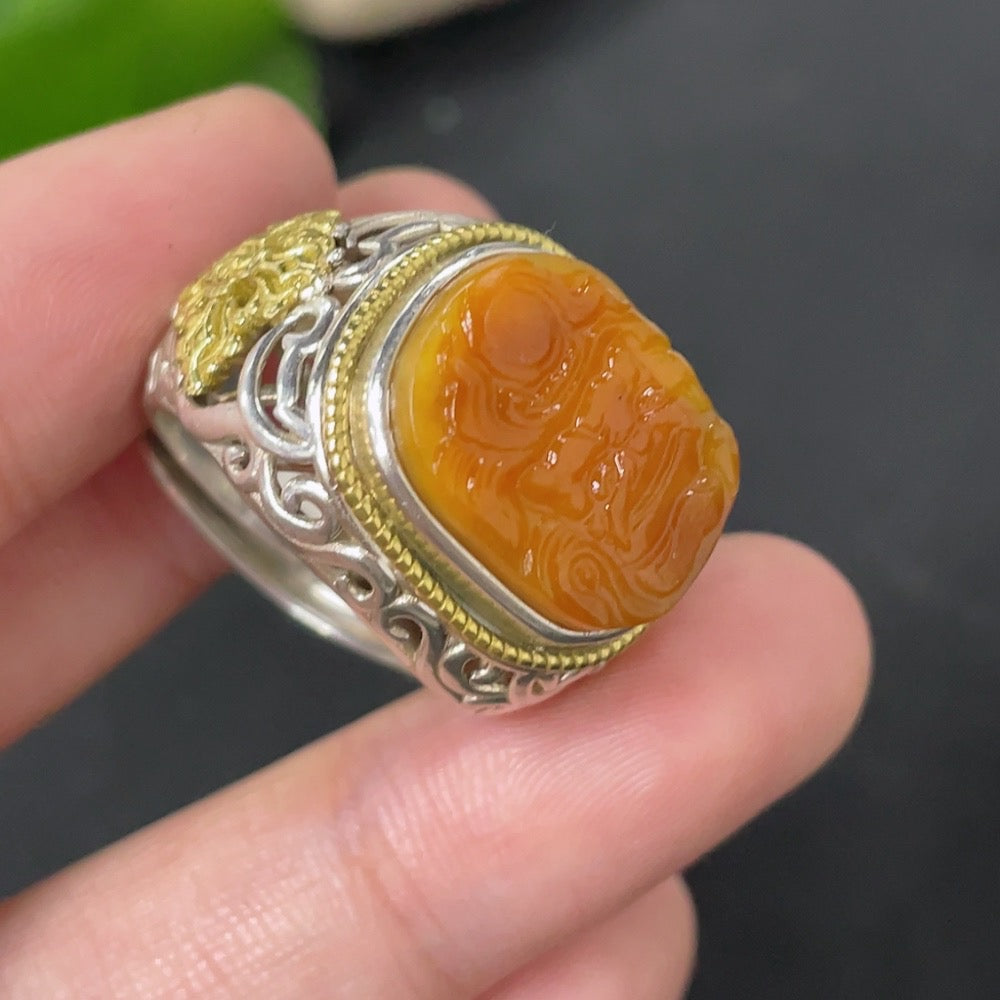 Huiliu certified Hetian jade ring with adjustable band, inlaid jade gemstone, natural green hue, crafted by HUILIU HQ.