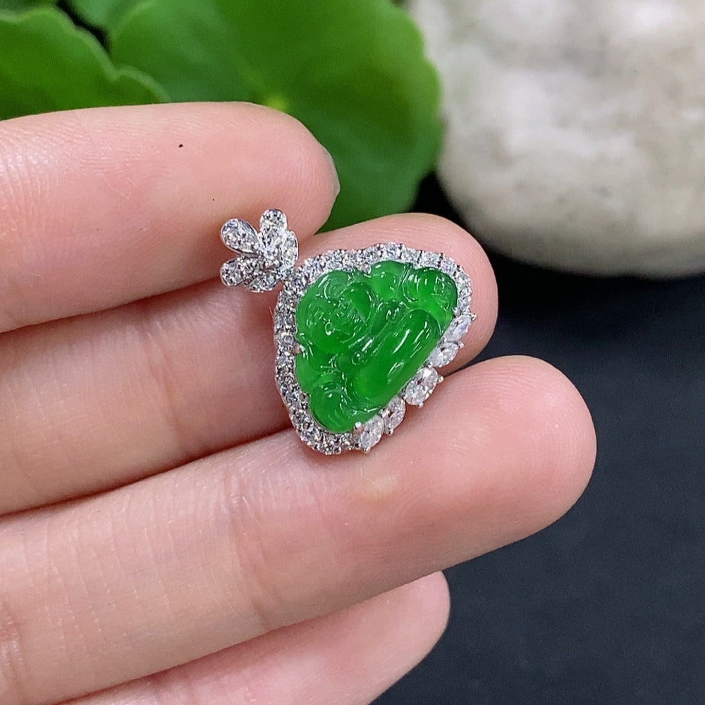 Jadeite Buddha Pendant Set in 18K Gold with Diamond Accents (Smallest Only) Total Weight Approx. 1.97g