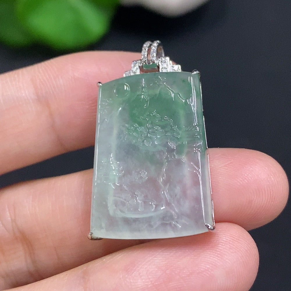Jadeite Landscape Inlaid Pendant 18K Gold Total Weight Approx. 4.9g